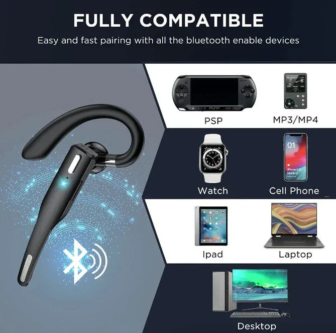 Usuario con auriculares inalámbricos Bluetooth de diadema, disfrutando de cancelación de ruido en oficina.