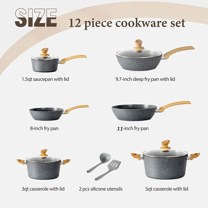 Utensilios de cocina premium de 12 piezas para cocinar en inducción, con revestimiento antiadherente fácil de limpiar.