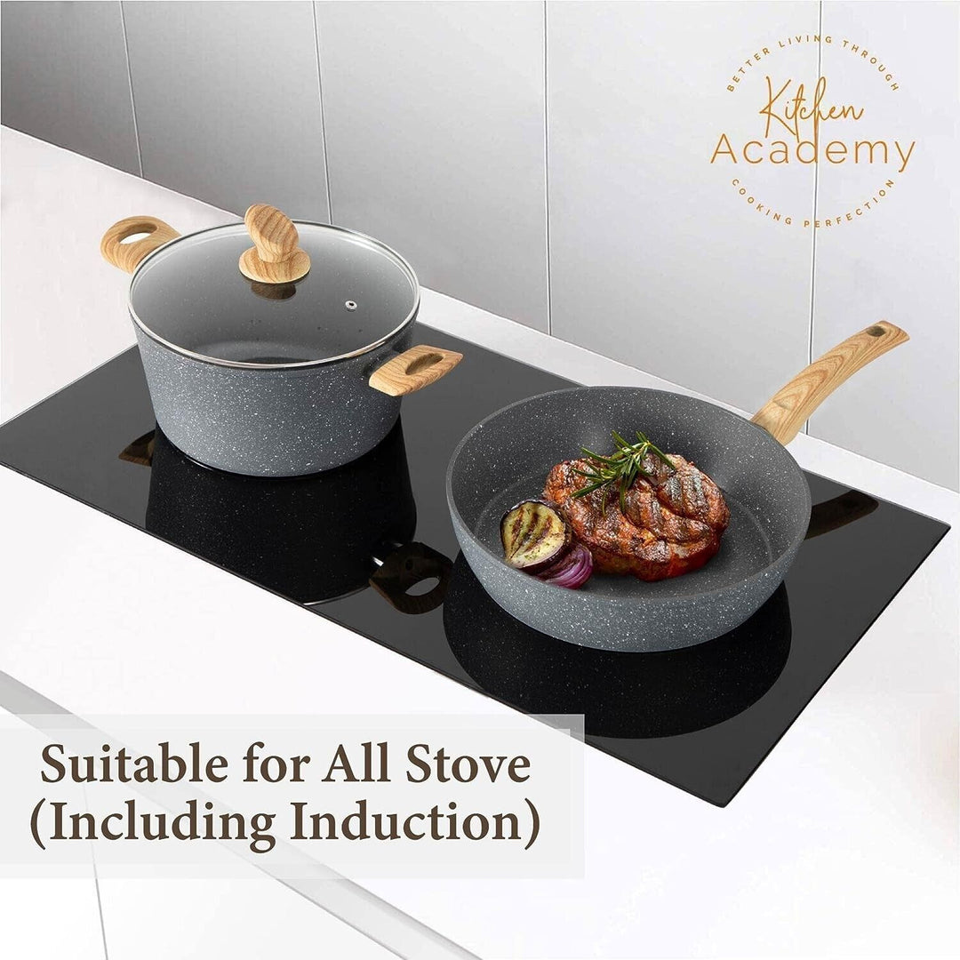 Set de ollas y sartenes de granito antiadherente sin PFOA de 12 piezas, ideal para chefs y el hogar.