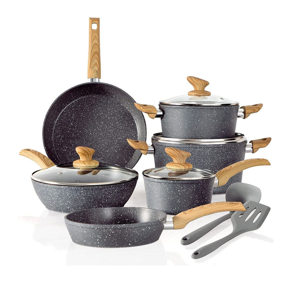 Juego de utensilios de cocina antiadherente de 12 piezas con sartenes y ollas de granito para inducción.