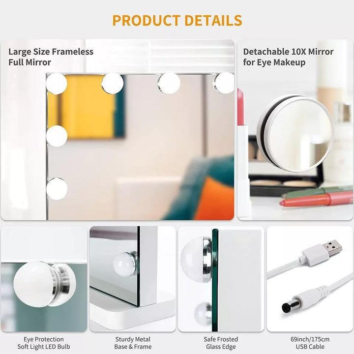 Espejo de maquillaje con luz LED ajustable y potente aumento 10x.