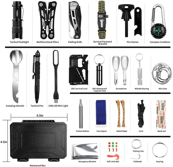 Completo kit de emergencia táctico 60 en 1 para preparación y seguridad en viajes, camping y aire libre.