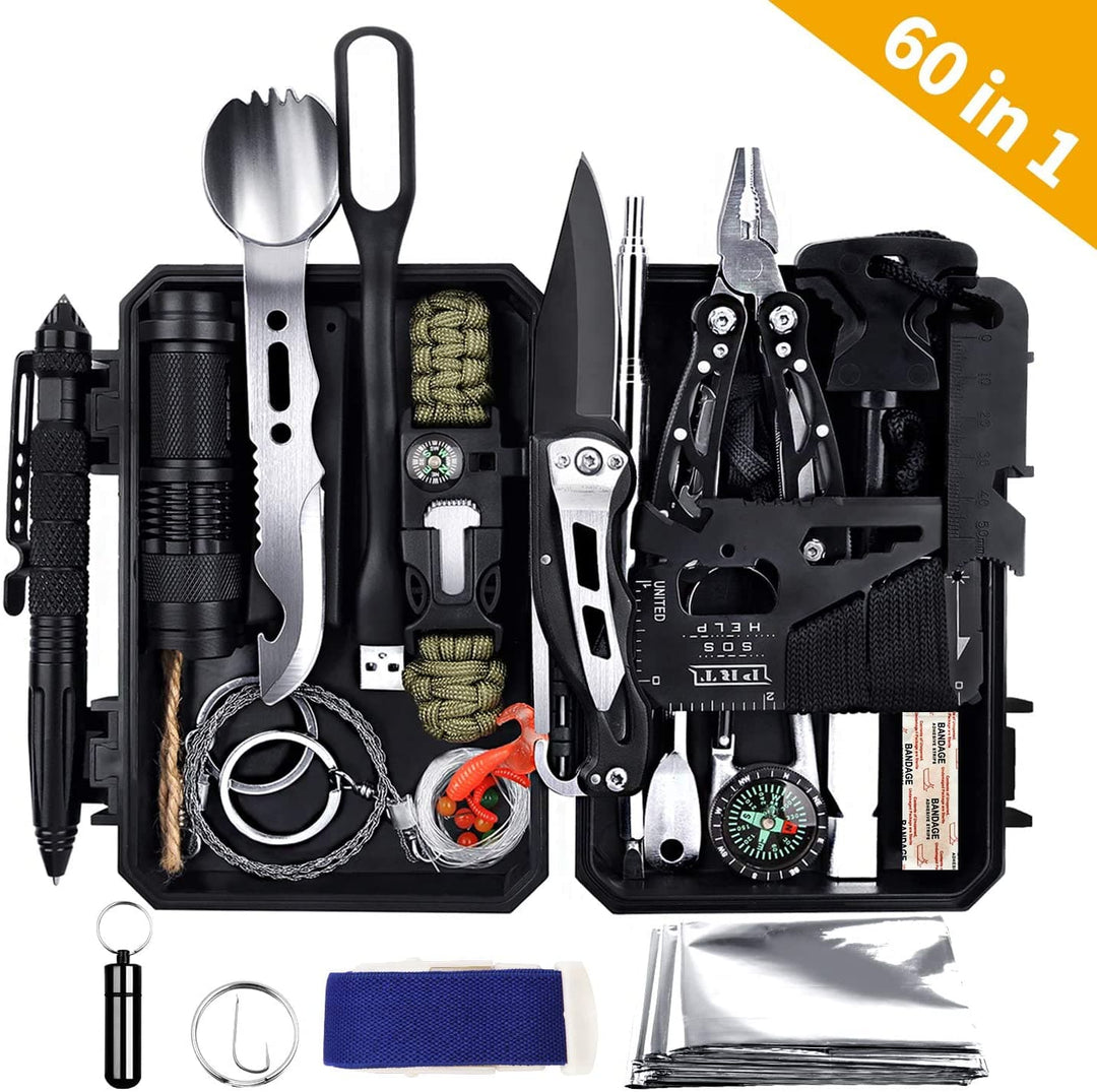 Kit de emergencia táctico 60 en 1 ultracompacto para supervivencia, camping y aire libre. Incluye herramientas.