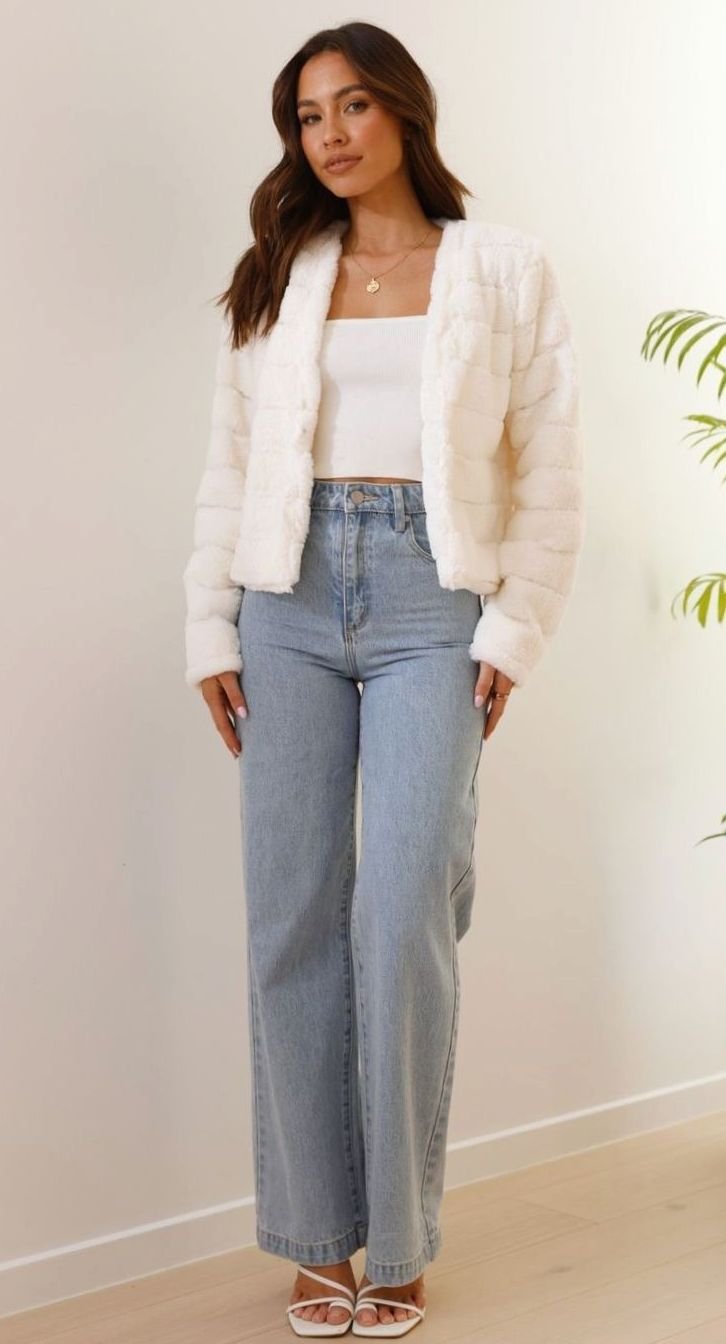 Chaqueta acolchada de pelo sintético blanco para mujer. Ideal para noches de fiesta y eventos.