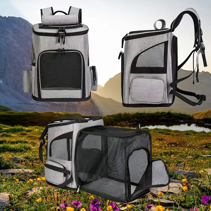 Detalle de ventanas de malla ultra transpirables en mochila portagatos para máxima ventilación y seguridad.