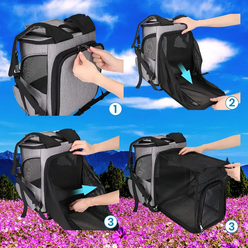 Mochila para gatos con múltiples bolsillos, perfecta para guardar accesorios y snacks durante el senderismo.
