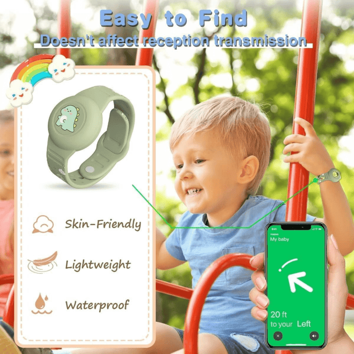 Pulsera localizadora Airtag para niños, diseño de dinosaurio. Rastreo seguro y duradero para juegos activos.
