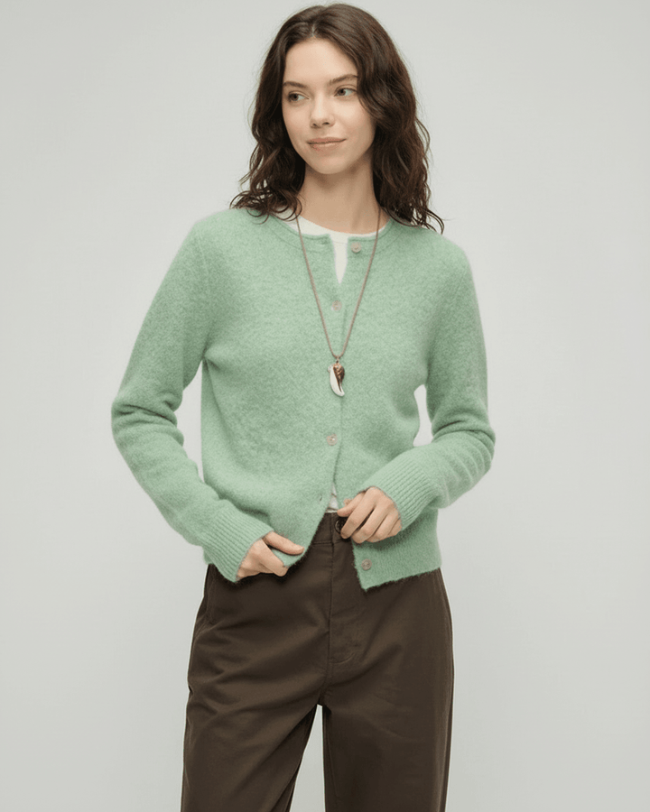 Prenda de punto verde para mujer, cárdigan de manga larga con cuello redondo y botones. Estilo otoño/invierno.