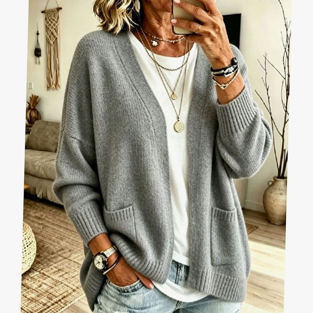 Cárdigan de punto suave para mujer, con cómodos bolsillos y caída relajada, perfecto para un look básico de otoño.