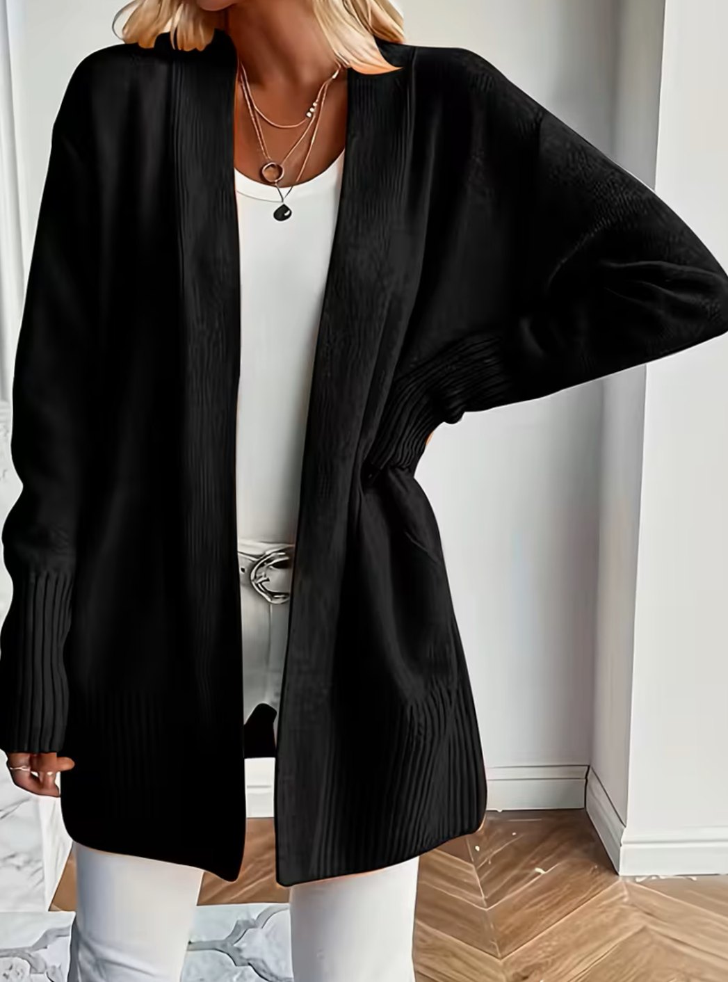 Cárdigan de punto abierto para mujer, fit relajado. Ideal moda otoño y entretiempo.