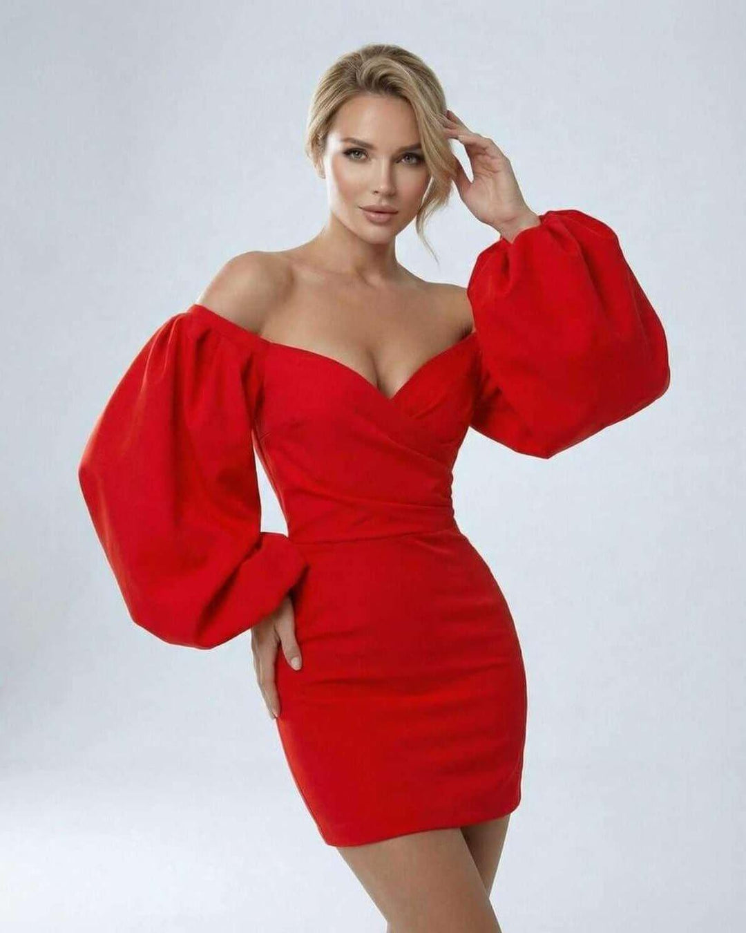 Vestido de verano rojo escarlata para mujer, mini, con hombros descubiertos y diseño moderno.
