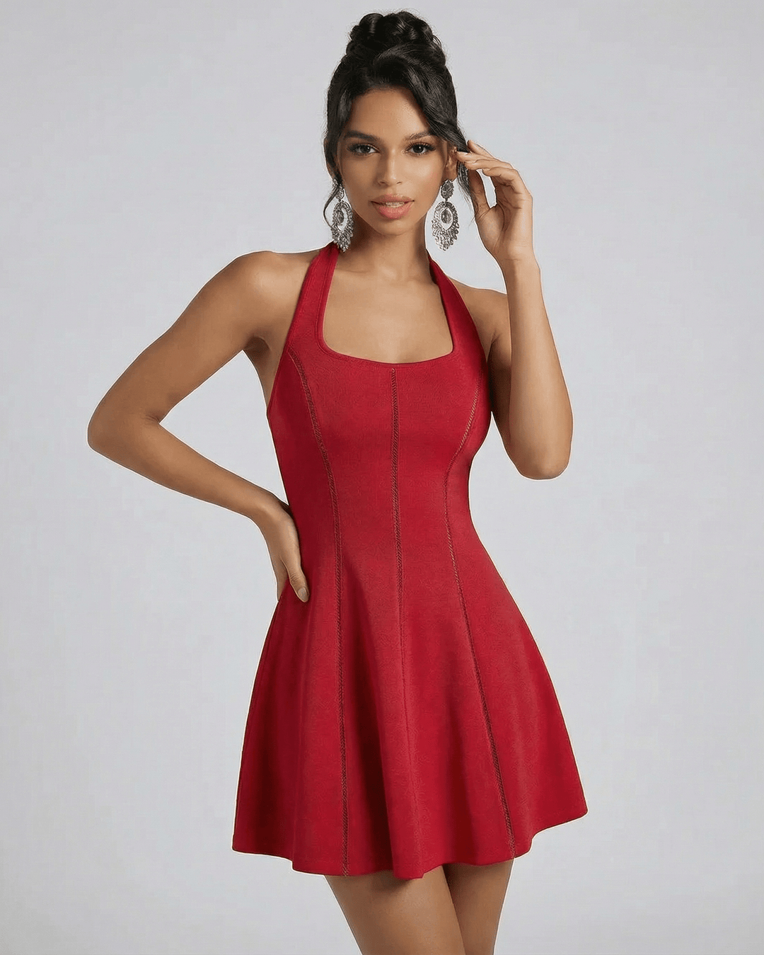 Vestido de cóctel mini escarlata para mujer, sin mangas y acampanado, ideal para verano y fiesta.