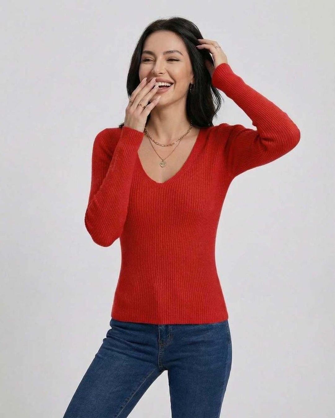 Suéter rojo elegante para mujer, cuello en V, perfecto para ropa de oficina o estilo casual.