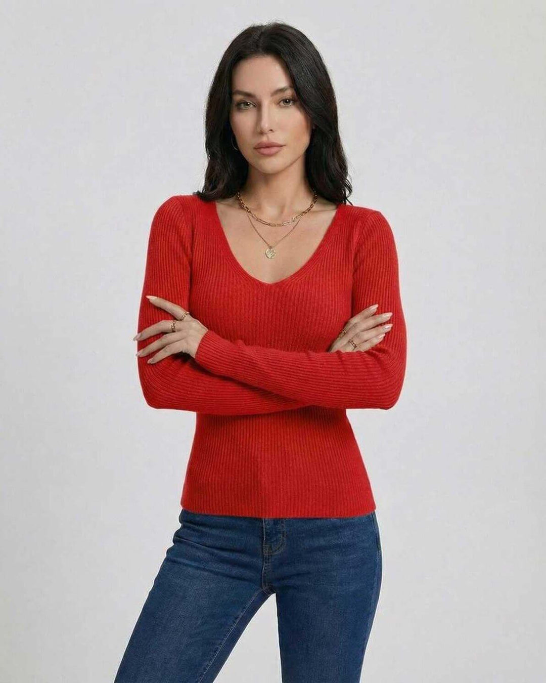 Suéter de mujer de manga larga, rojo escarlata, cálido y elegante para otoño e invierno.