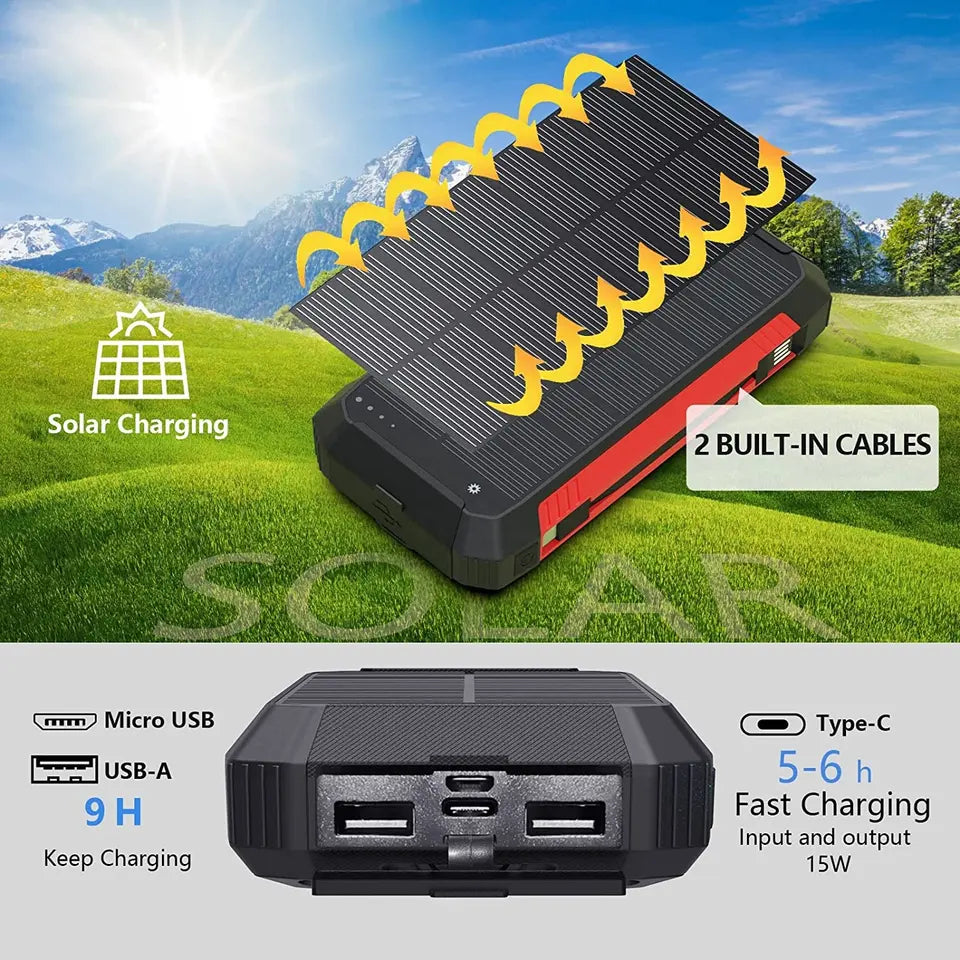 Power bank solar 30000mAh con carga Qi inalámbrica y puertos USB. Ideal camping.