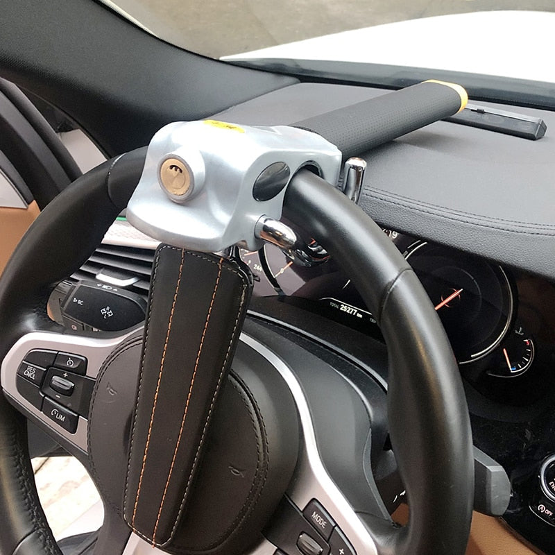 Bloqueo de volante antirrobo universal para coches, alta seguridad y protección vehicular.