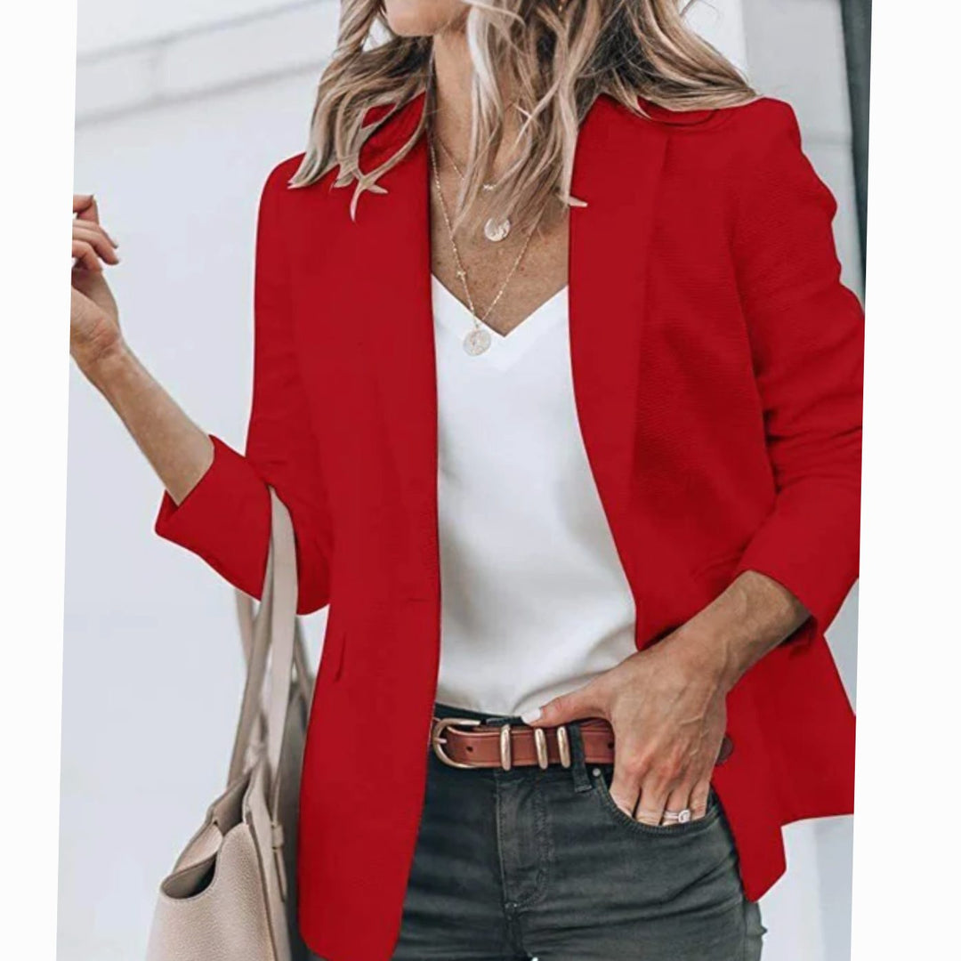 Ropa elegante: blazer femenino, chaqueta de trabajo, manga larga, moda casual.