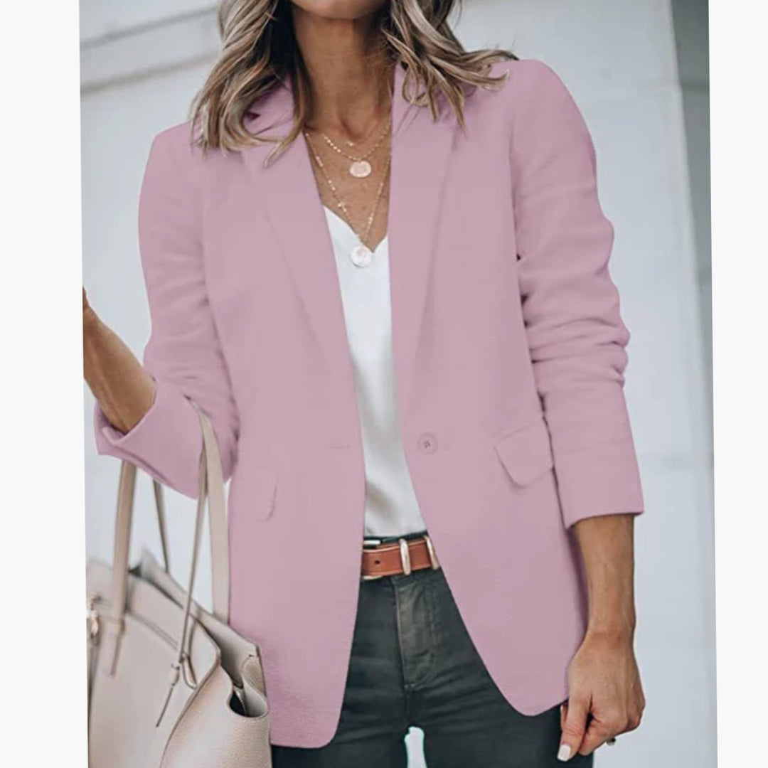 Blazer femenino de manga larga, perfecto para trabajo y moda elegante casual.