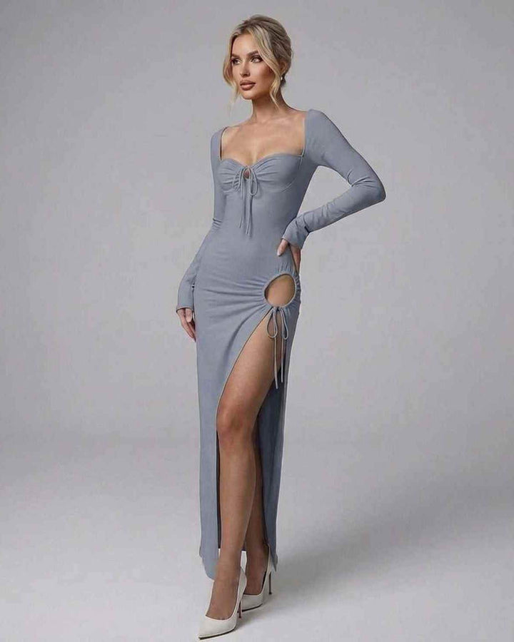 Vestido maxi de noche para mujer, formal, con mangas largas y cuello cuadrado, perfecto para ocasiones especiales.