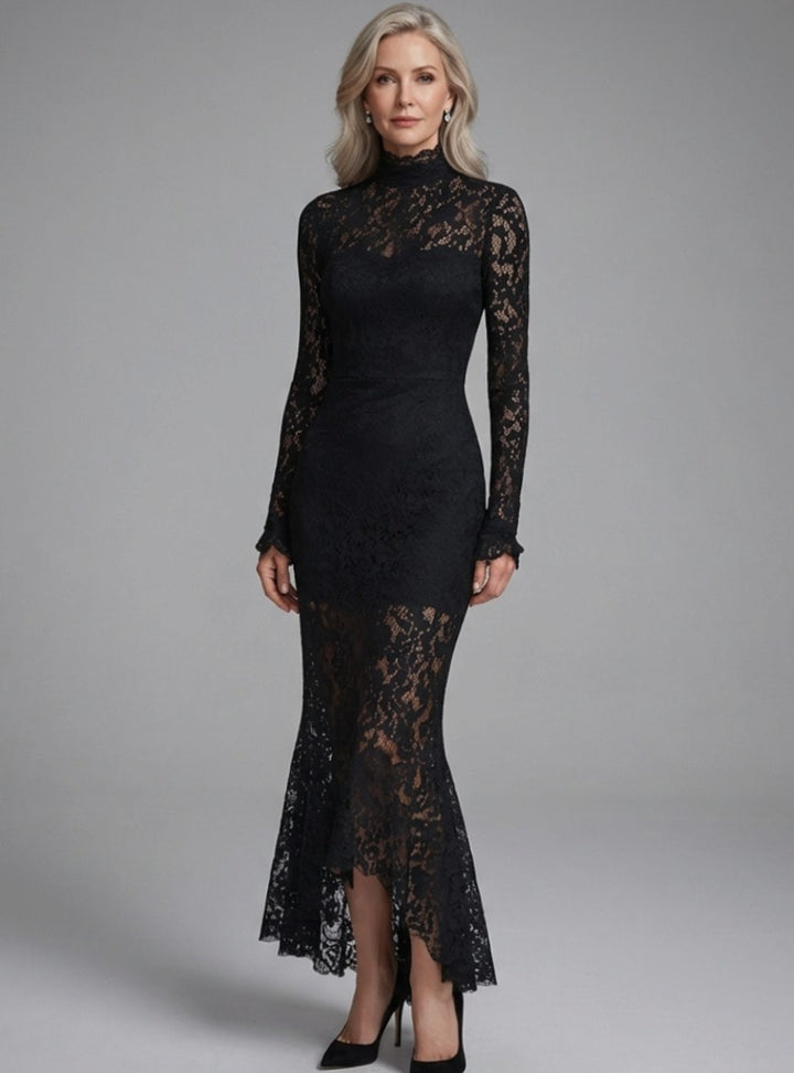 Vestido sirena negro de encaje para mujer, manga larga y cuello alto. Elegante para fiesta o gala.