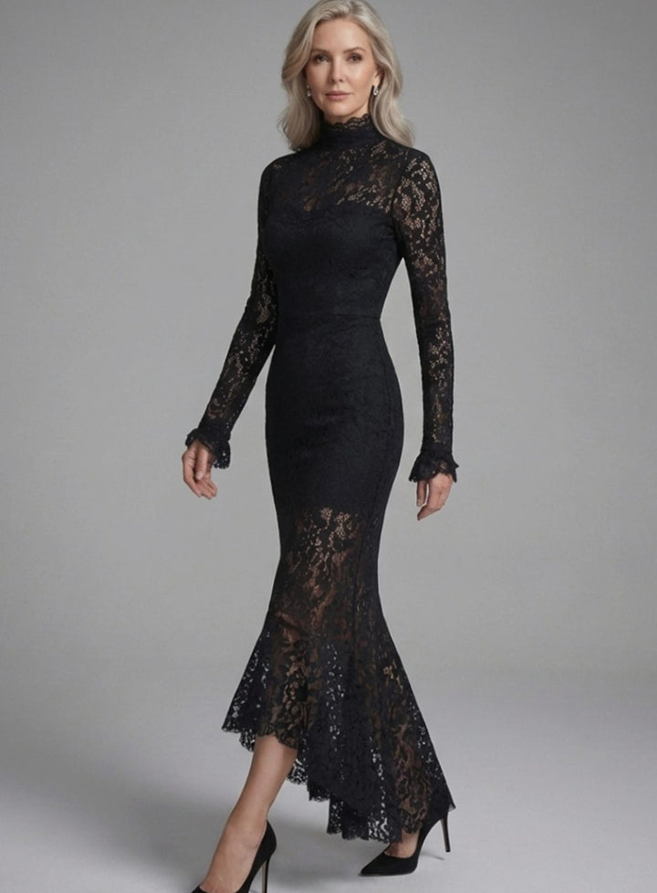 Vestido corte sirena midi de encaje, mangas largas, diseño elegante. Ideal para fiesta y gala de mujer.
