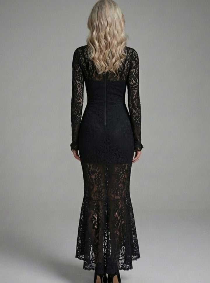 Elegante vestido de gala mujer, corte sirena encaje negro, manga larga y cuello alto. Ideal para fiesta.