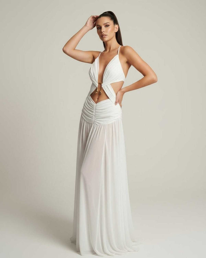 Vestido maxi Seraphina blanco de mujer con escote en V. Estilo elegante y fluido para un look sofisticado.
