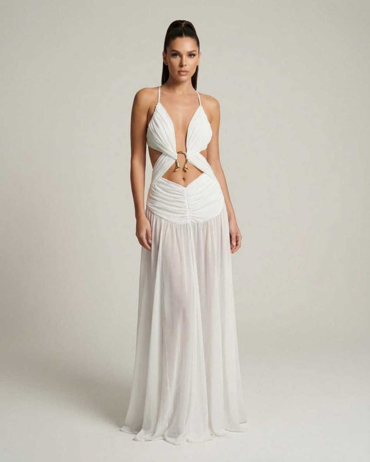 Vestido maxi blanco Seraphina para mujer, con escote en V. Estilo elegante y fluido, ideal para verano.