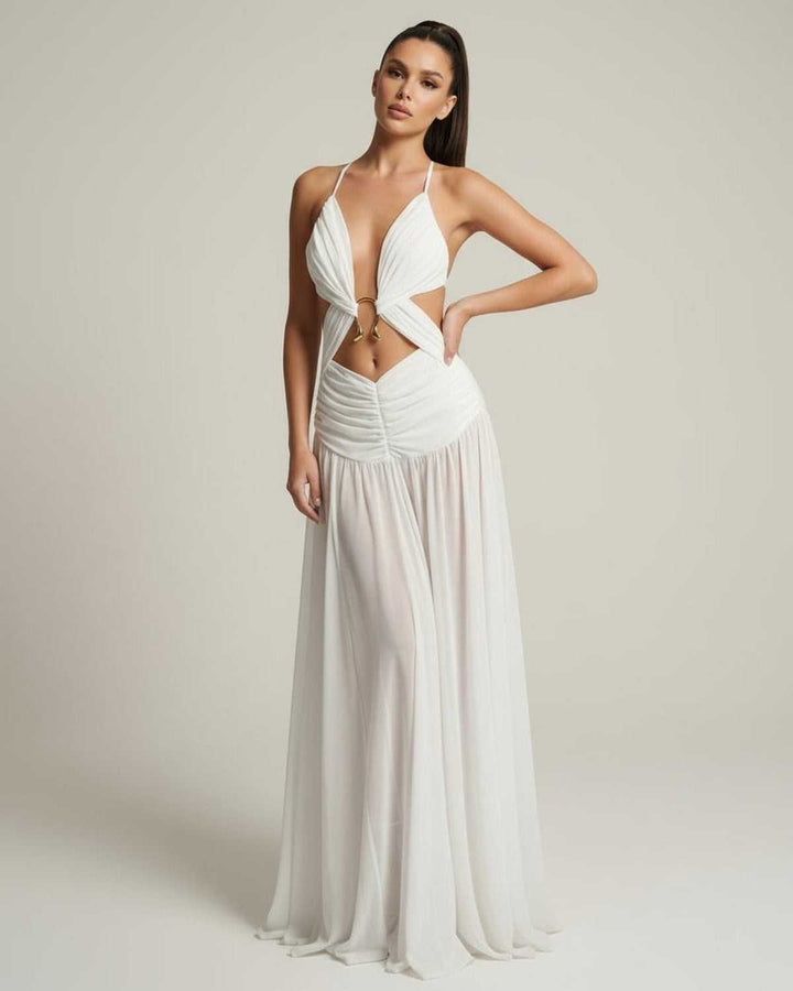 Vestido maxi blanco mujer, perfecto para ropa de verano y ocasiones formales. Escote en V, corte elegante.