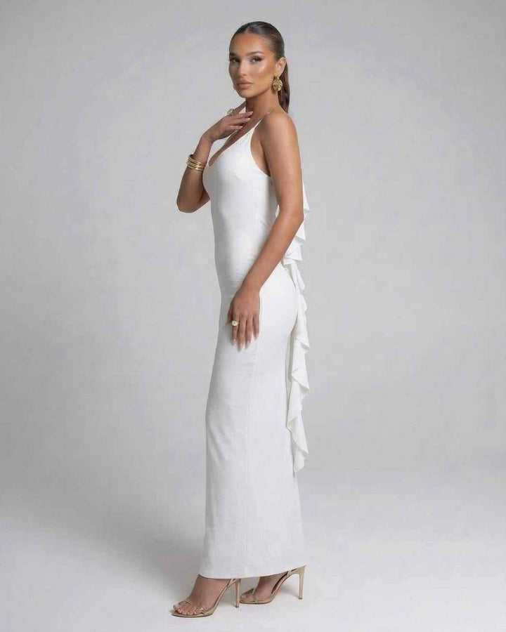 Vestido largo elegante para fiesta y noche, color blanco. Vestido maxi de moda para mujeres con estilo.