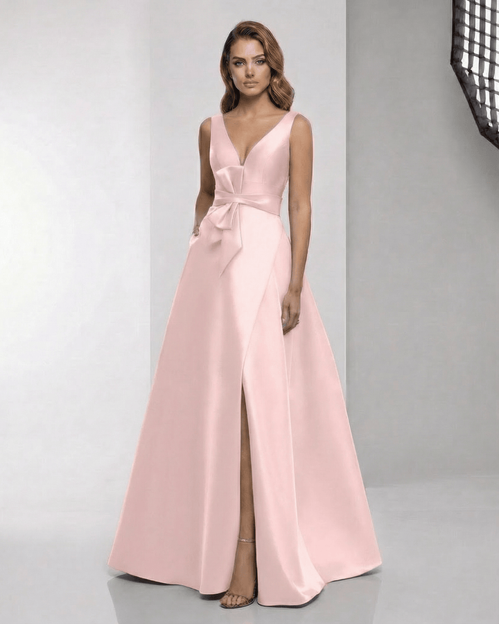 Vestido maxi rosa elegante para mujer, con abertura frontal. Ideal para fiesta, eventos formales o invitada de boda.