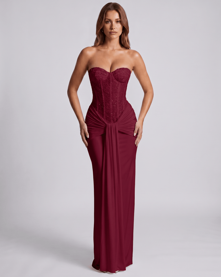 Moda mujer: Vestido maxi de noche con corsé integrado, ideal para eventos de gala.