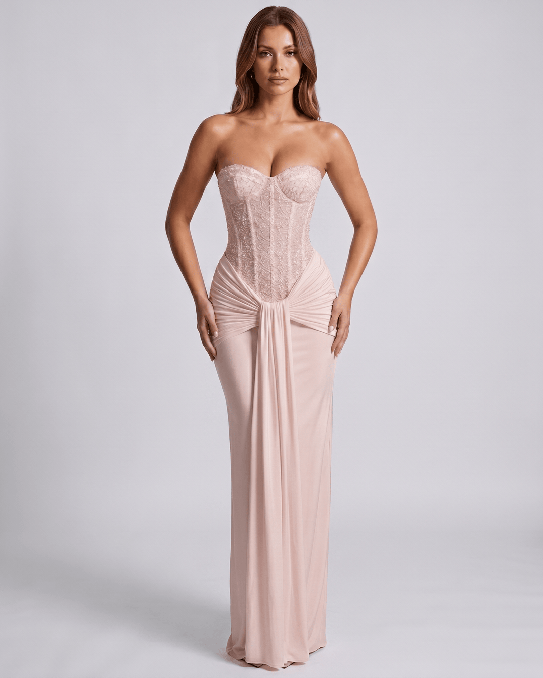 Vestido tubo largo de noche con corsé, elegante moda mujer para fiestas y eventos de verano.