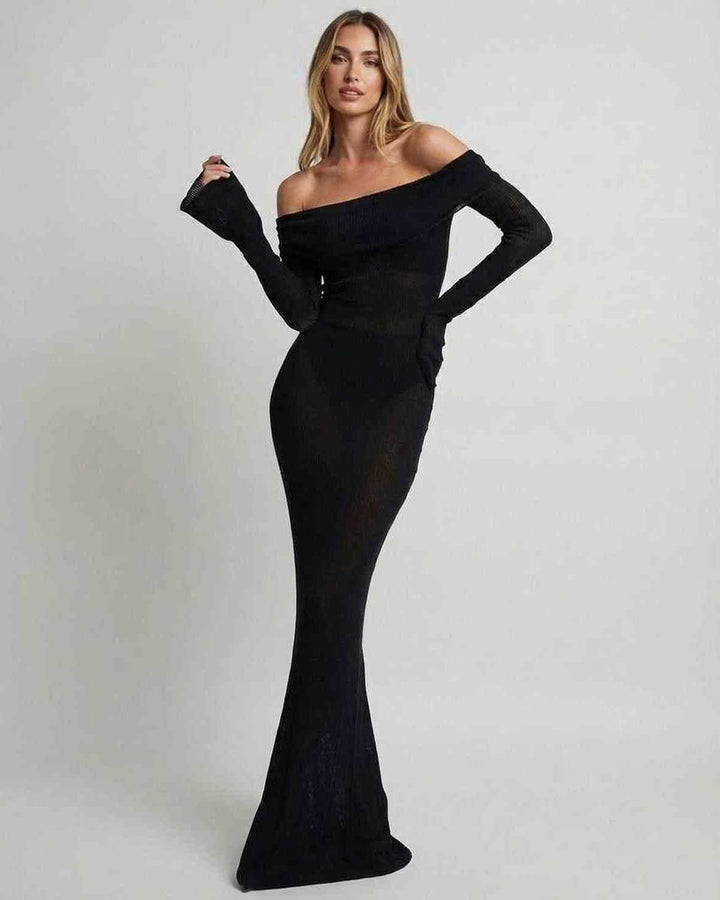 Elegante vestido maxi ajustado con hombros descubiertos, silueta lápiz para eventos formales de mujer.