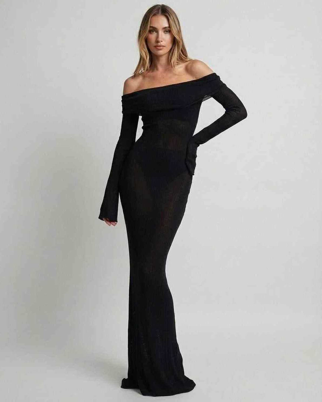 Vestido de fiesta noche para mujer, diseño maxi ajustado off-shoulder, muy elegante y formal.