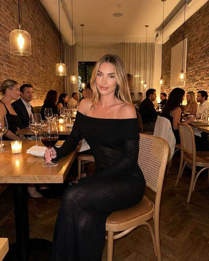 Vestido ajustado off-shoulder para mujer, estilo maxi y formal, perfecto para lucir elegante en la noche.