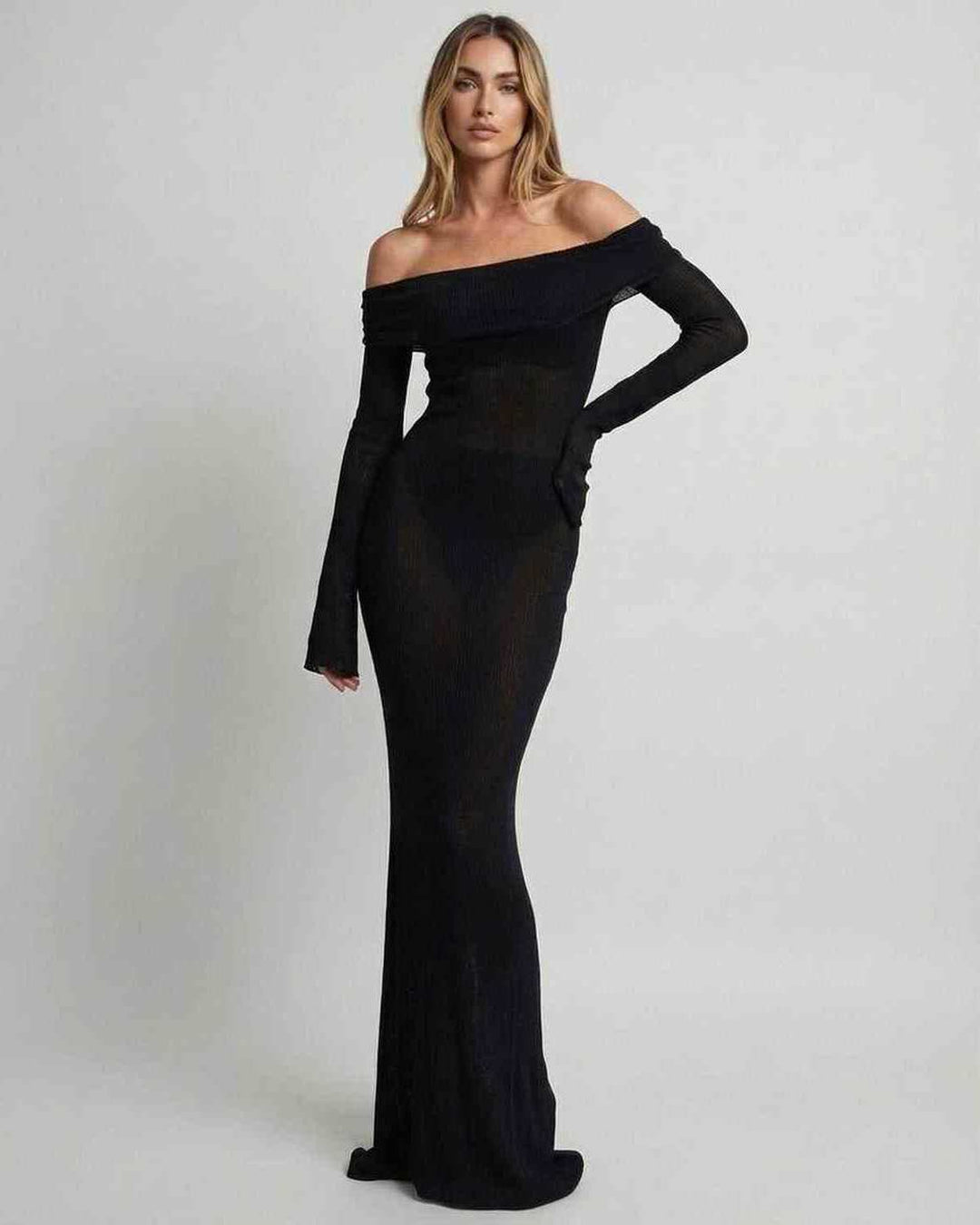 Vestido formal de mujer, corte maxi ajustado y off-shoulder, perfecto para galas o eventos especiales.