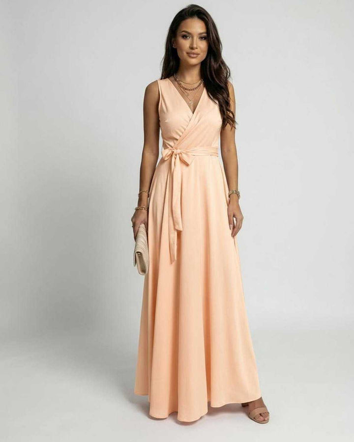 Vestido maxi blanco elegante para mujer con escote V, ideal para bodas, fiesta y eventos de verano.