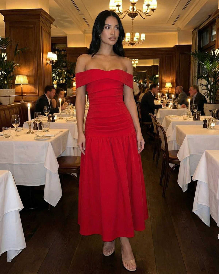 Vestido de noche rojo midi para mujer, diseño off-shoulder. Vestido elegante para fiesta.