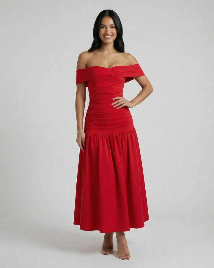 Vestido midi rojo elegante para mujer, estilo off-shoulder. Perfecto para fiesta o noche.