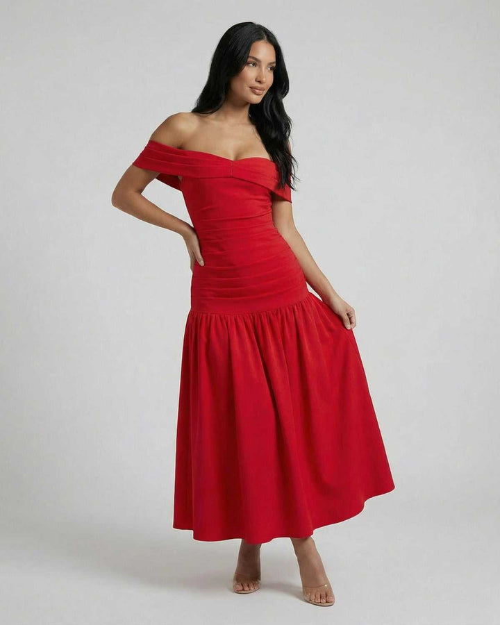 Elegante vestido midi rojo off-shoulder para mujer. Moda primavera-verano, estilo sofisticado.