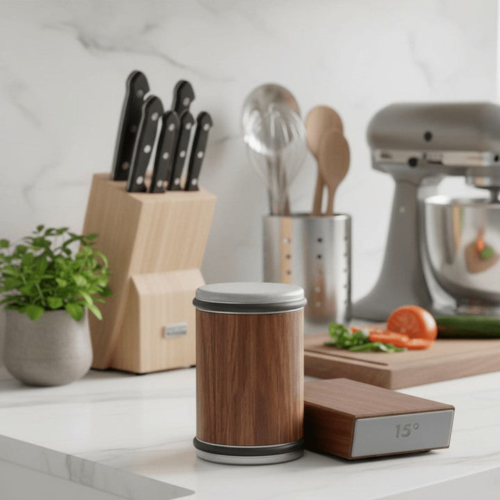 Afilador universal de cuchillos con guía magnética, ideal para cocina y camping. Filo perfecto siempre.