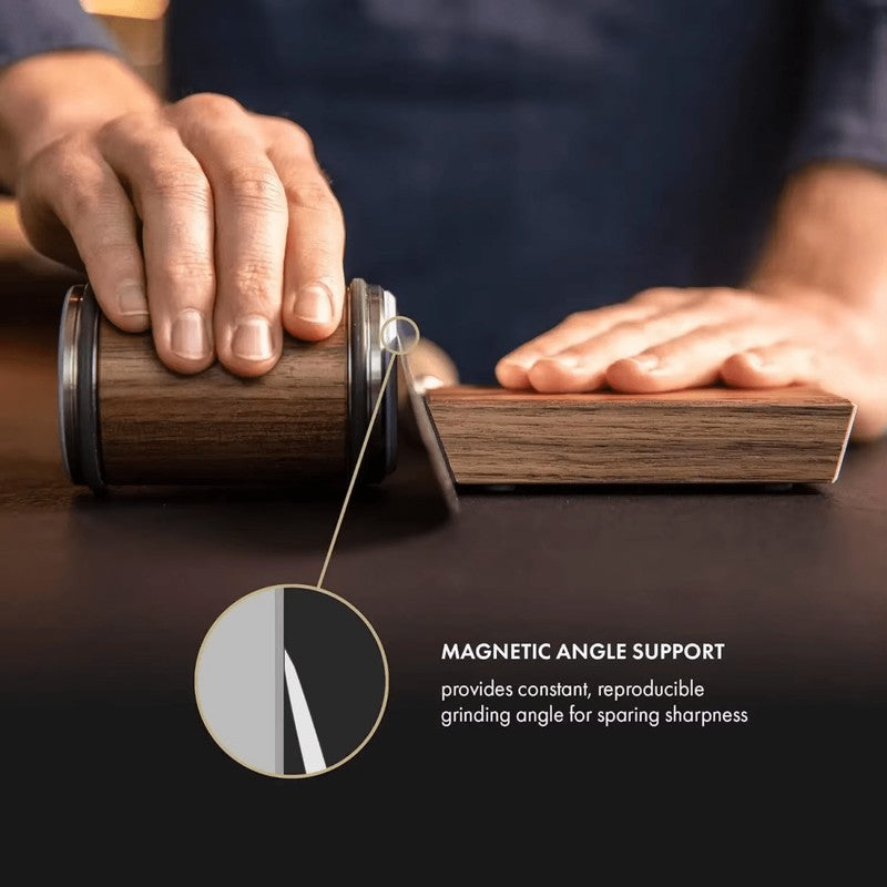 Afilador de cuchillos con guía magnética universal, garantiza un afilado preciso para herramientas de cocina.
