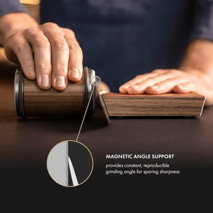 Afilador de cuchillos con guía magnética universal, garantiza un afilado preciso para herramientas de cocina.
