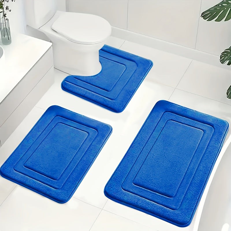 Vista del set de alfombrillas de baño. 3 piezas antideslizantes para pisos y decoración de baño.
