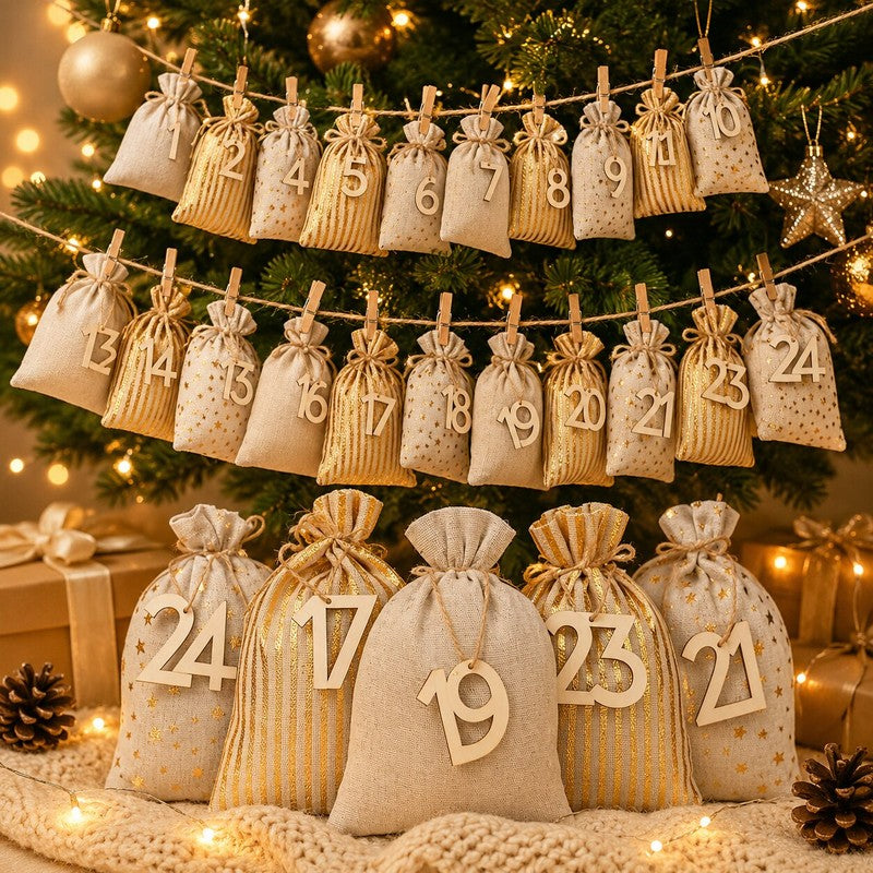 Set 24 bolsas Adviento tela beige con cordón y estrellas doradas. Ideal para regalos pequeños y cuenta regresiva navideña.