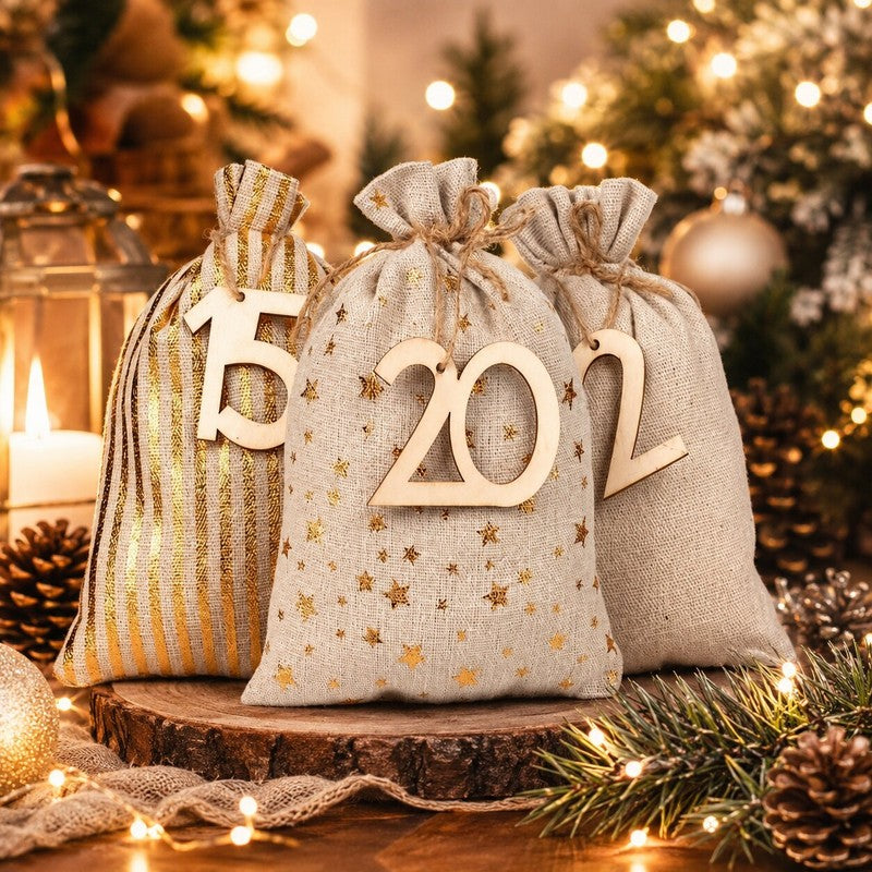 Bolsas de Adviento de tela beige con cordón para calendario navideño. Decoración con estrellas doradas para Navidad.