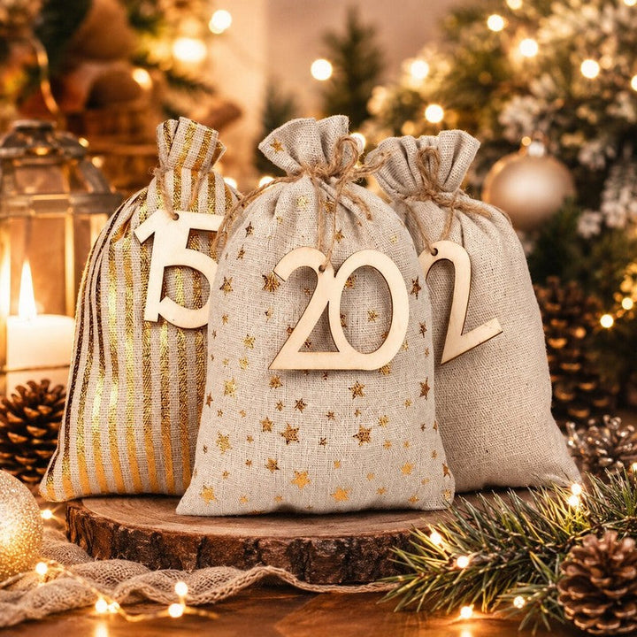Bolsas de Adviento de tela beige con cordón para calendario navideño. Decoración con estrellas doradas para Navidad.