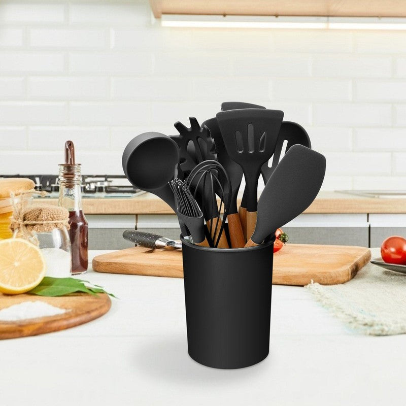 Regalo de cocina: set de 11 utensilios de silicona y madera, apto para antiadherentes.