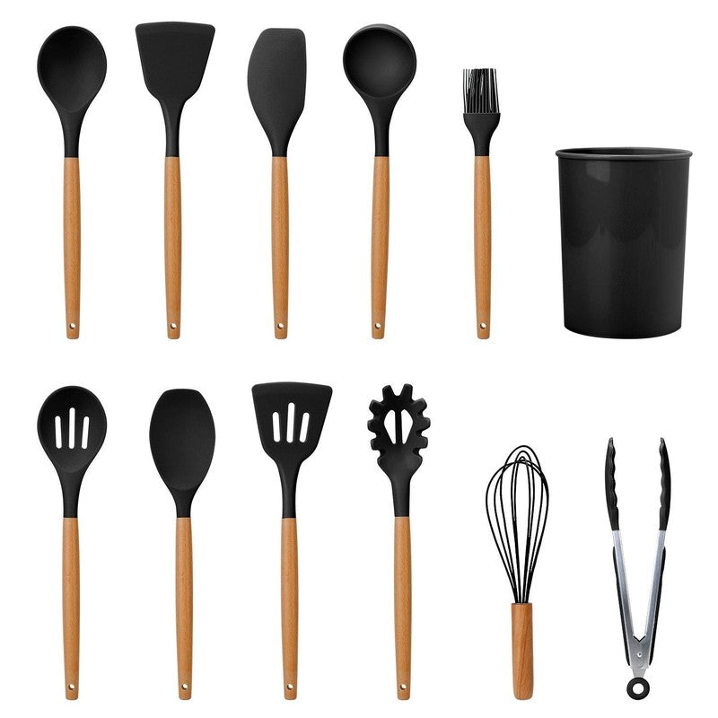 Organiza tu cocina con este set de 11 utensilios duraderos de silicona y madera.